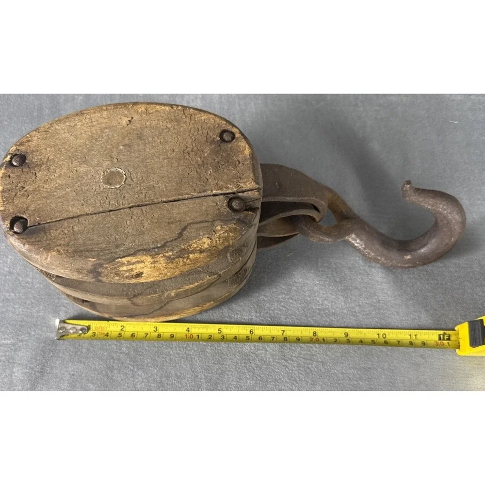 Antique Vintage DOUBLE BLOCK & Tackle Pulley‎ Hook Wood Primitive